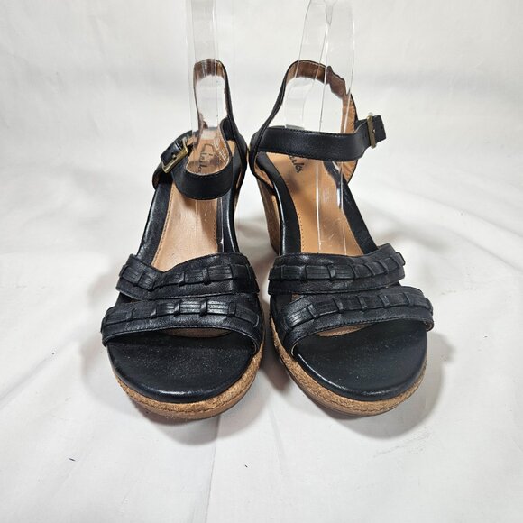 Clarks Black Sandal Cork Wedges Heels Women's Size 9 26069293 - Picture 6 of 9